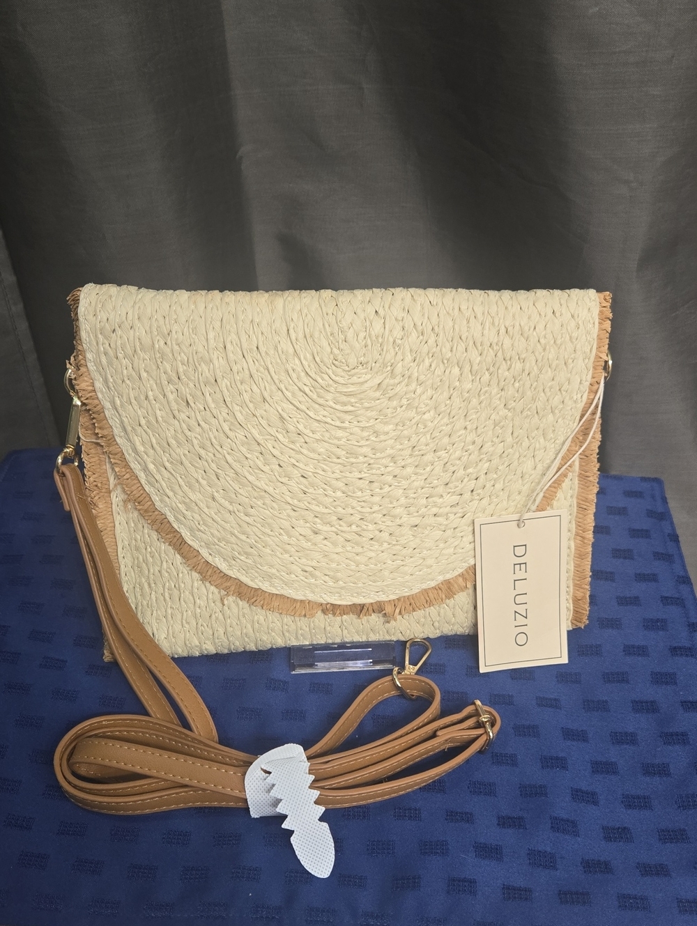 Deluzio Cream Straw Crossbody with Tan Fringe and Strap